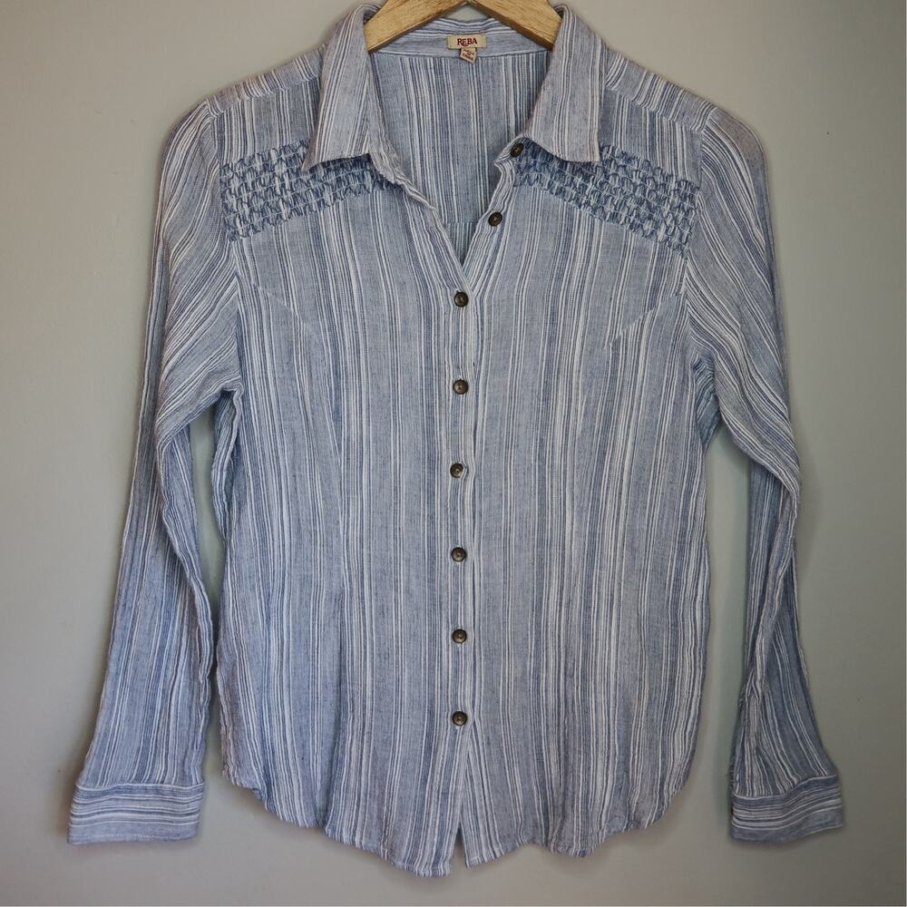 Reba Vintage Chambray Striped Button Up Shirt M Cotton Western Boho